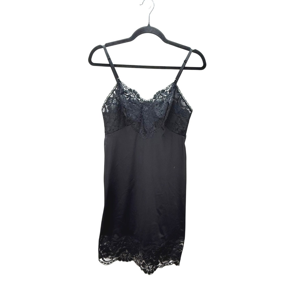 Vanity Fair Lace Trim Slip Dress Nightie S Black Adjustable Straps Vintage USA